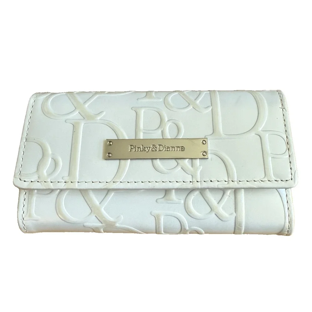 Pinky and Dianne Folding Snap Key Card Case Holder White Leather Embossed Logo